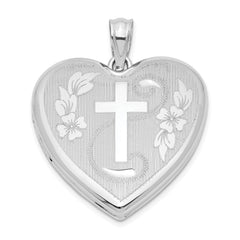 Sterling Silver Rhodium-plated 24mm D/C Cross Heart Locket