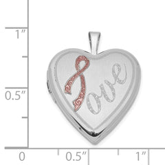 Sterling Silver Rhodium-plated 20mm Satin Pink Ribbon Love Heart Locket