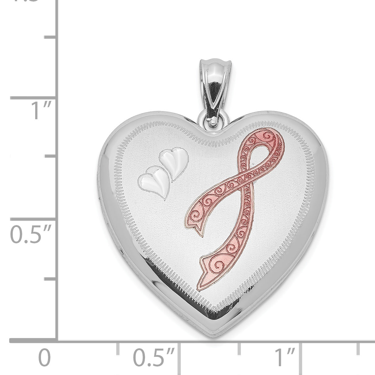 Sterling Silver Rhodium-plated 24mm Enameled Diamond Cut  Pink Ribbon Heart Locket