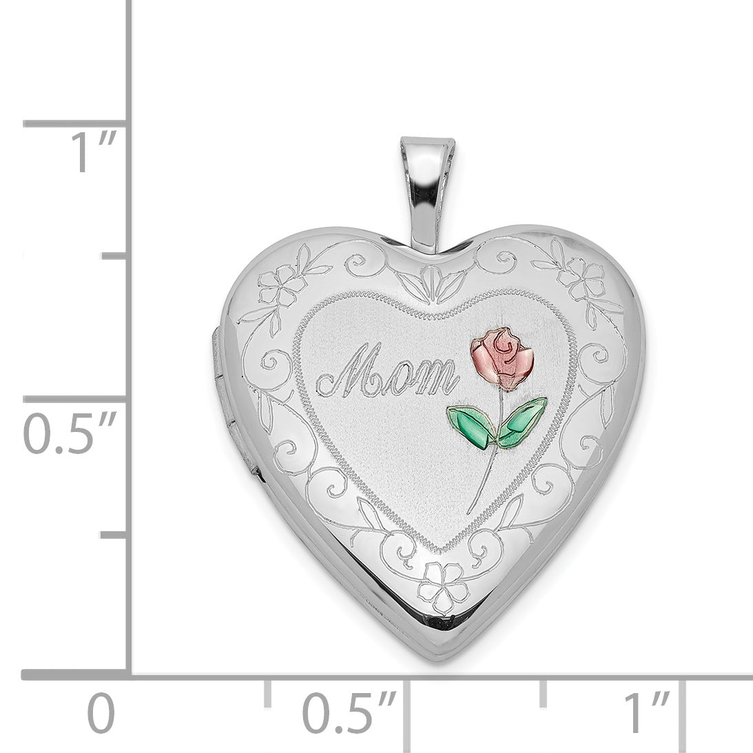 Sterling Silver Rhod-plated 20mm Diamond Cut  & Enameled Mom Rose Heart Locket