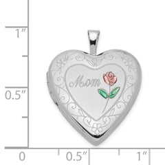 Sterling Silver Rhod-plated 20mm Diamond Cut  & Enameled Mom Rose Heart Locket