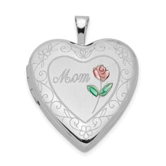 Sterling Silver Rhod-plated 20mm D/C & Enameled Mom Rose Heart Locket