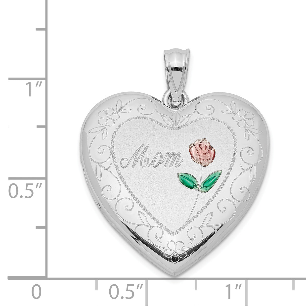 Sterling Silver Rhodium-plated 24mm Enameled Diamond Cut  Mom Heart Locket