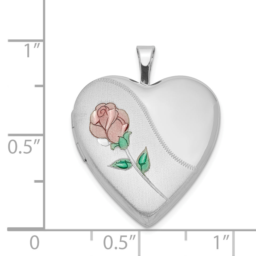 Sterling Silver Rhod-plated 20mm Satin, Enamel, Diamond Cut  Floral Heart Locket