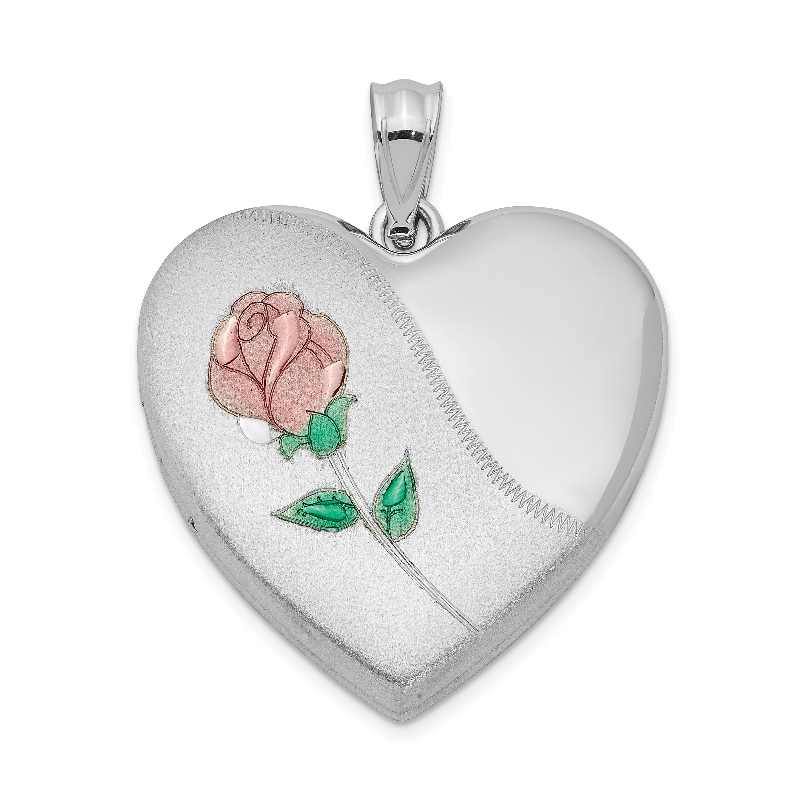 Sterling Silver Rhodium-plated 24mm Satin Enameled & D/C Rose Locket