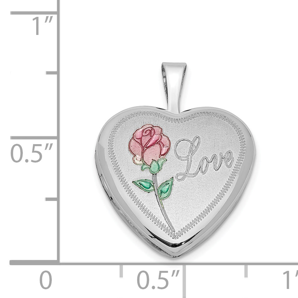 Sterling Silver Rhodium-plated 16mm Enameled & Diamond Cut  Love Heart Locket