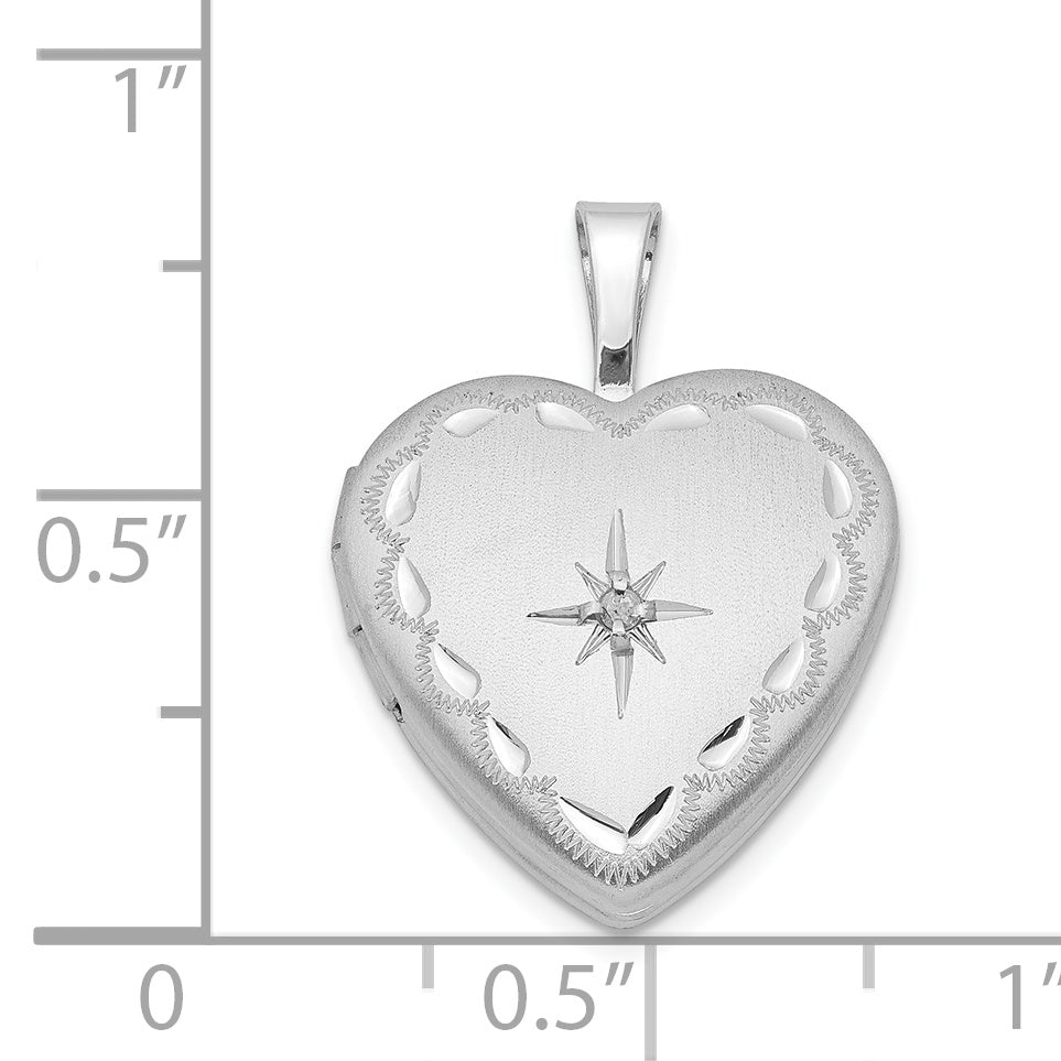 Sterling Silver Rhodium-plated Satin & Diamond Cut  Diamond Star Heart Locket