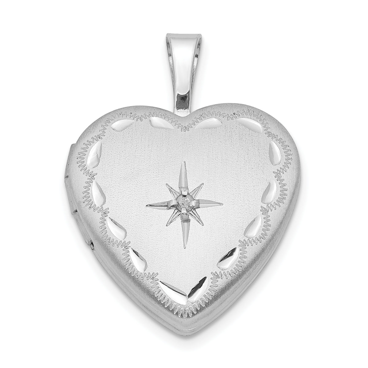 Sterling Silver Rhodium-plated Satin & D/C Diamond Star Heart Locket