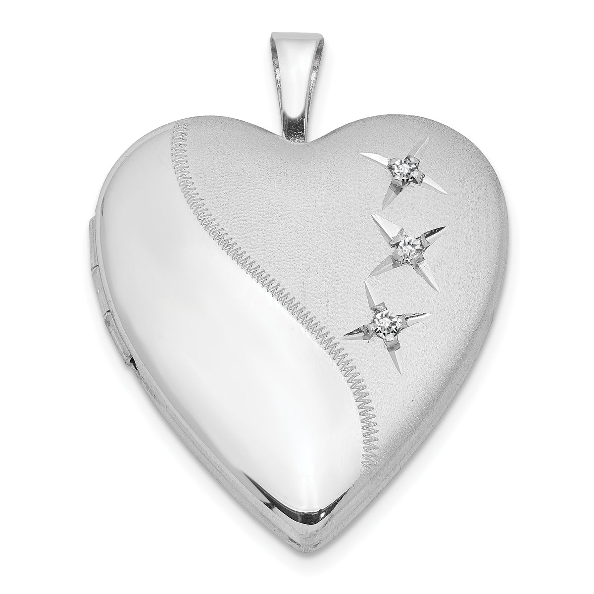 Sterling Silver Rhodium-plated Polished & Satin Diamond 20mm Heart Locket