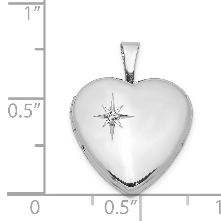 Sterling Silver Rhodium-plated Polished Diamond Star 16mm Heart Locket