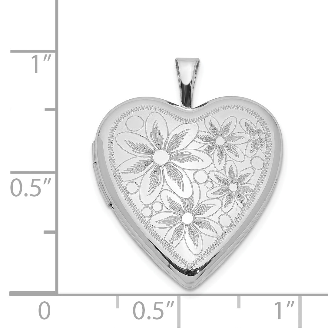 Sterling Silver Rhodium-plated 20mm Textured Daisies Heart Locket