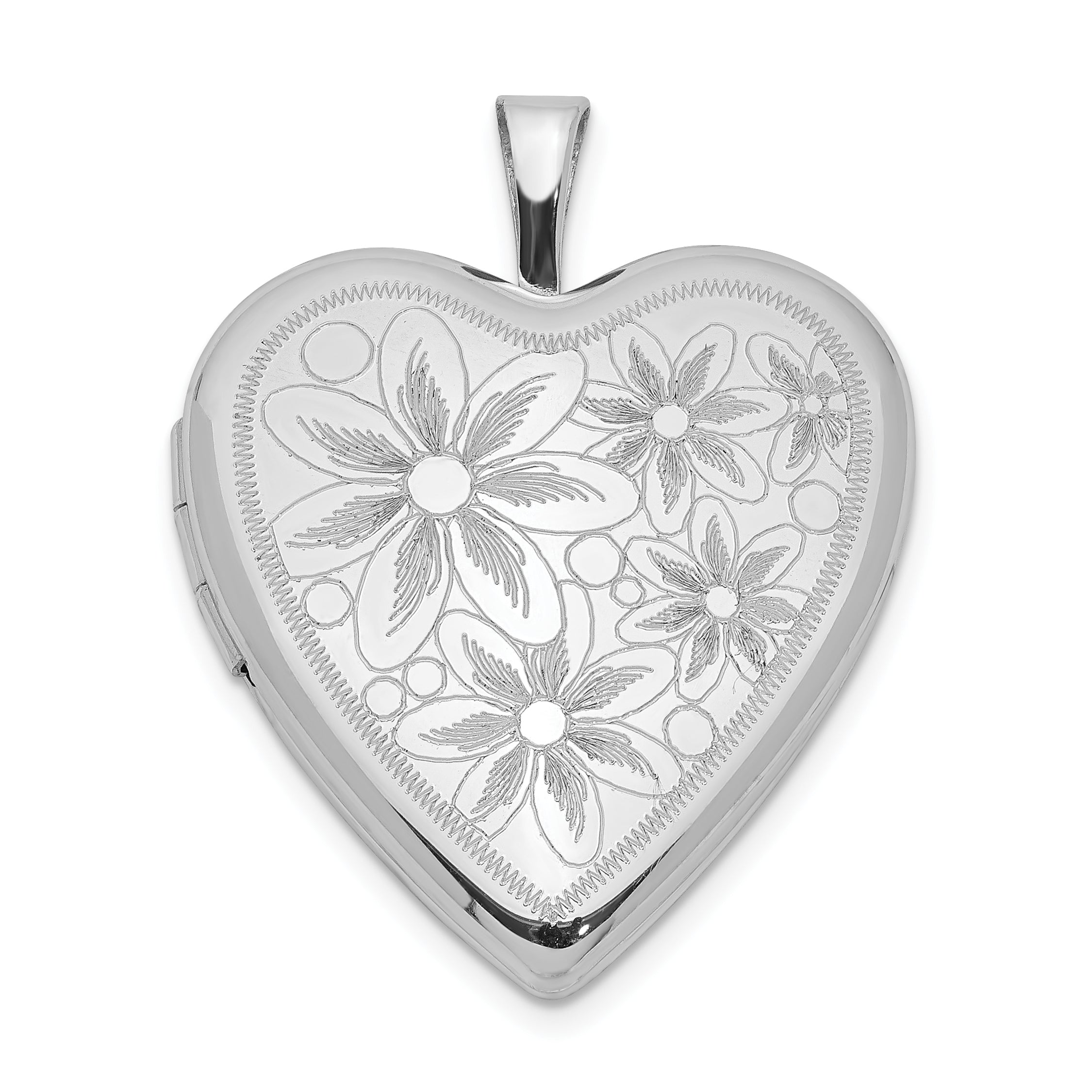 Sterling Silver Rhodium-plated 20mm Textured Daisies Heart Locket