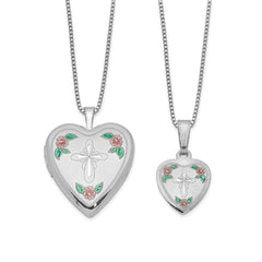 Sterling Silver Cross & Flowers Enameled Mother & 14in Daughter Locket/Pendant Necklace Set