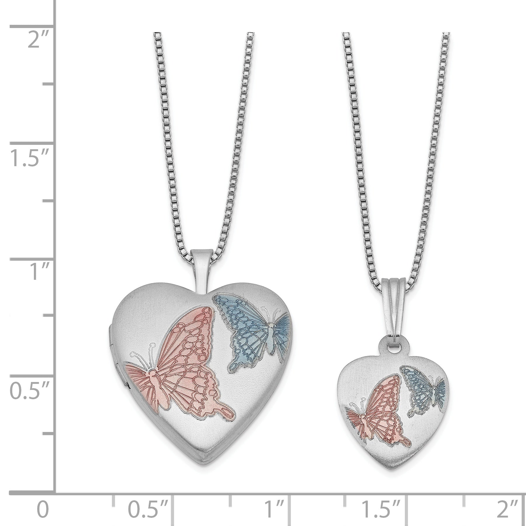 Sterling Silver Rhodium-plated Satin Enameled Butterflies Heart 18in Locket Necklace & 14in Pendant Necklace Set