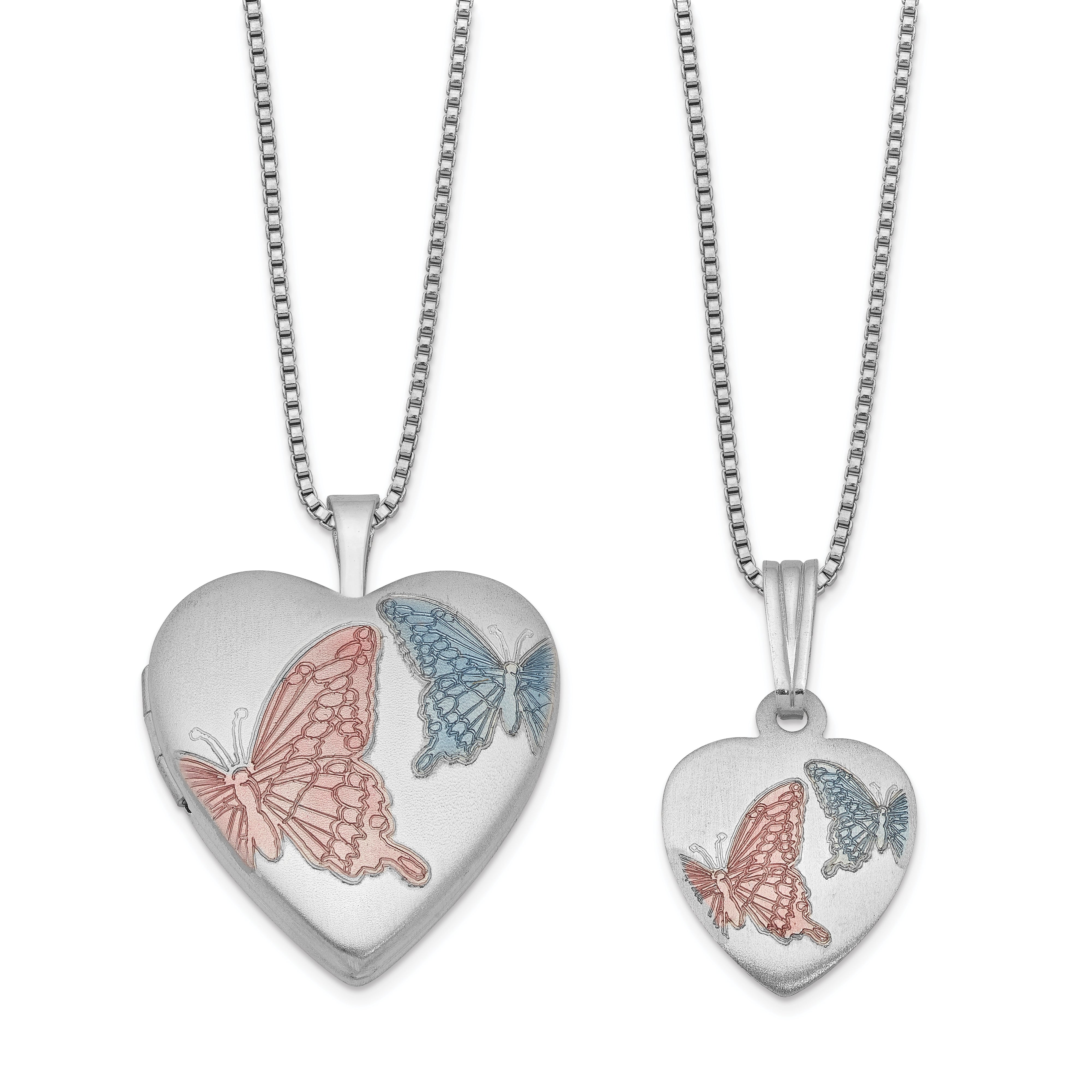 Sterling Silver Rhodium-plated Satin Enameled Butterflies Heart 18in Locket Necklace & 14in Pendant Necklace Set