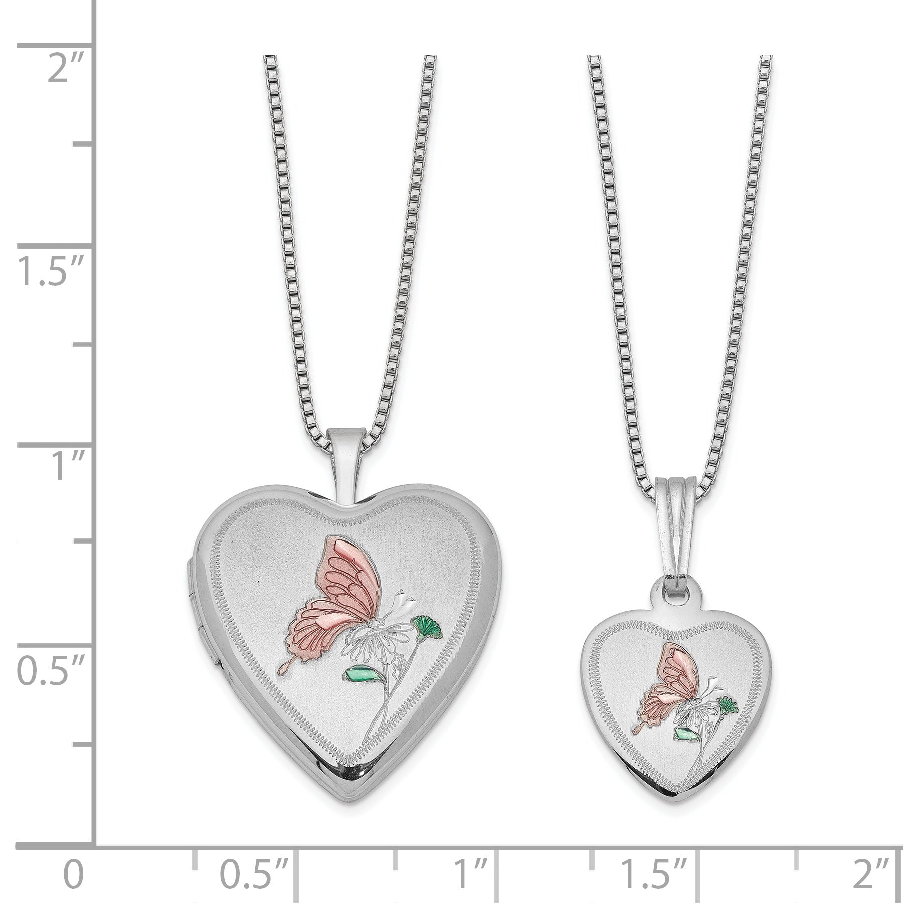 Sterling Silver Rhodium-plated Polished & Satin Enameled Butterfly Heart 18in Locket Necklace and 14in Pendant Necklace Set