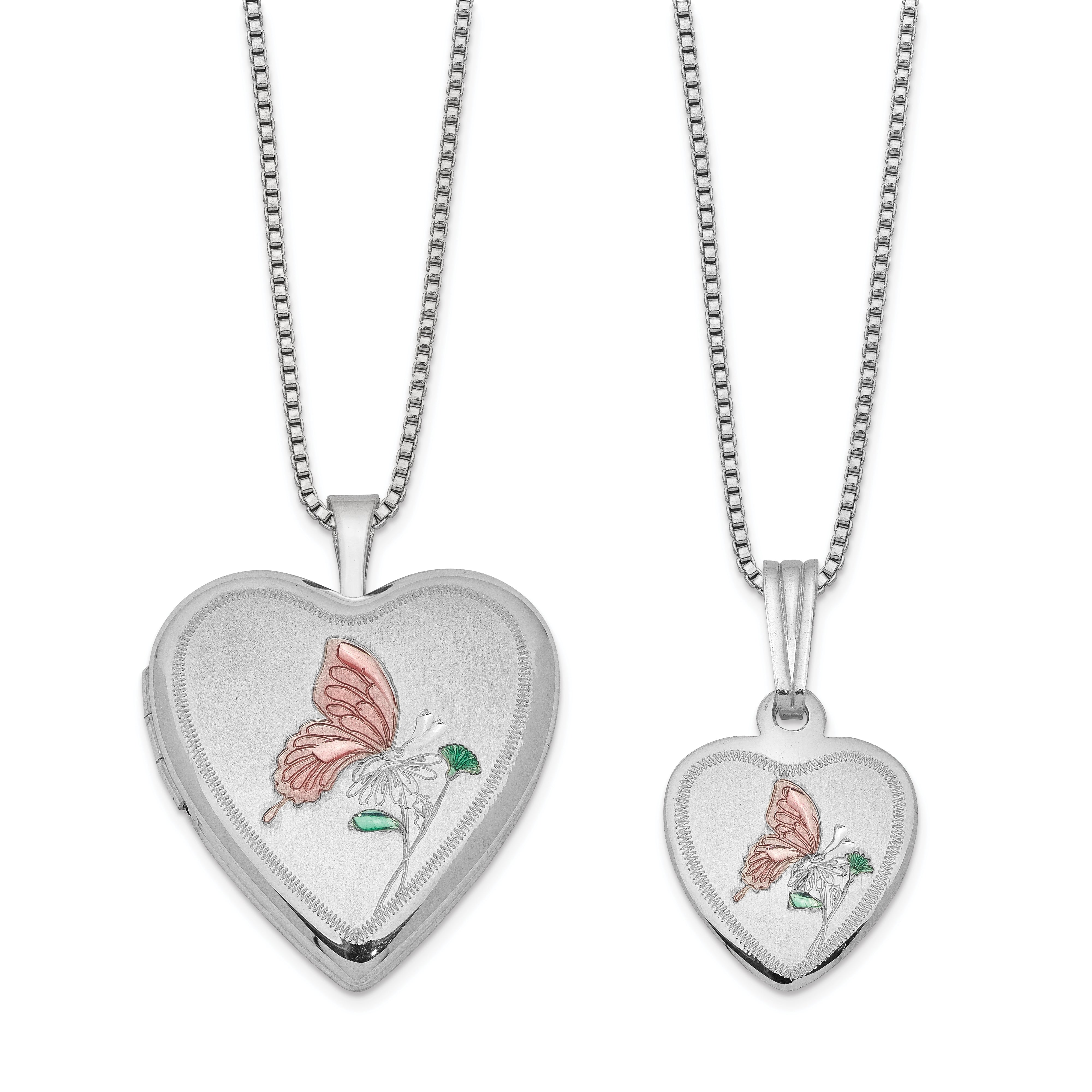 Sterling Silver Rhodium-plated Polished & Satin Enameled Butterfly Heart 18in Locket Necklace and 14in Pendant Necklace Set