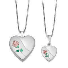 Sterling Silver Rhodium-plated Polished & Satin Enameled Rose Heart Mother & Daughter Locket & Pendant Necklace Set