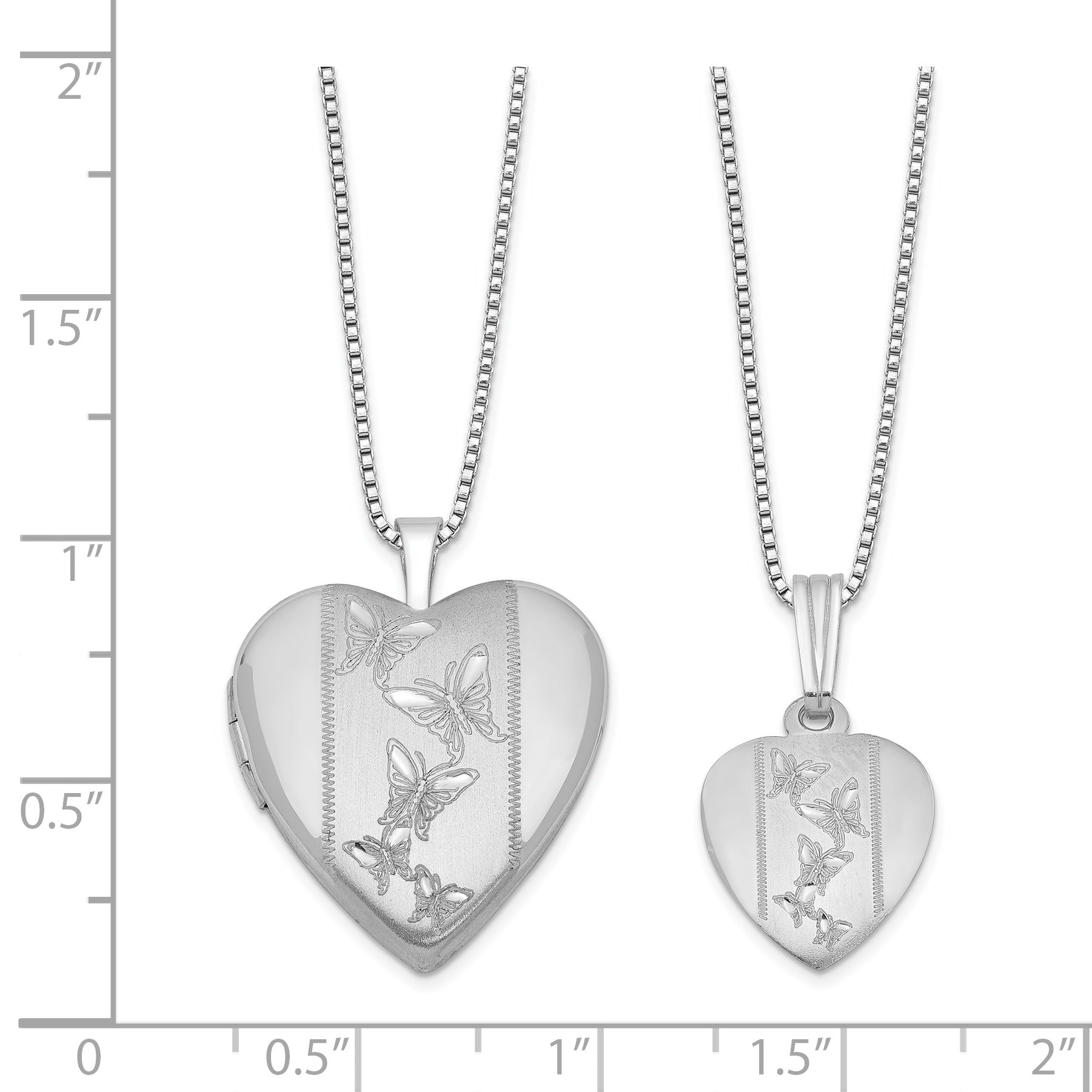 Sterling Silver Rhodium-plated Polished & Satin Butterfly Heart 18in Locket Necklace & 14in Pendant Necklace Set