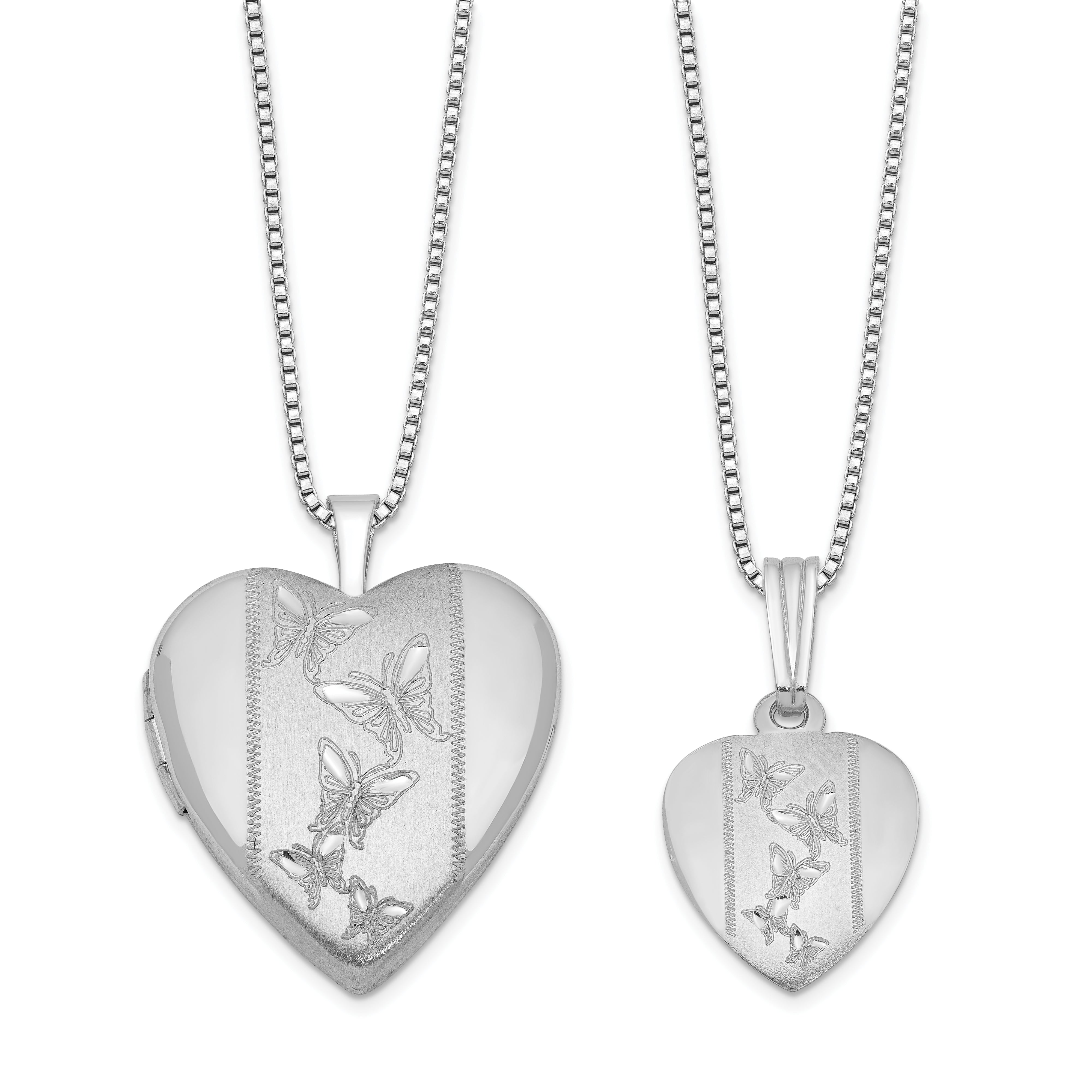 Sterling Silver Rhodium-plated Polished & Satin Butterfly Heart 18in Locket Necklace & 14in Pendant Necklace Set