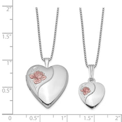 Sterling Silver Rhodium-plated Polished/Satin Enameled Rose Heart 18in Locket Necklace & 14in Pendant Necklace Set