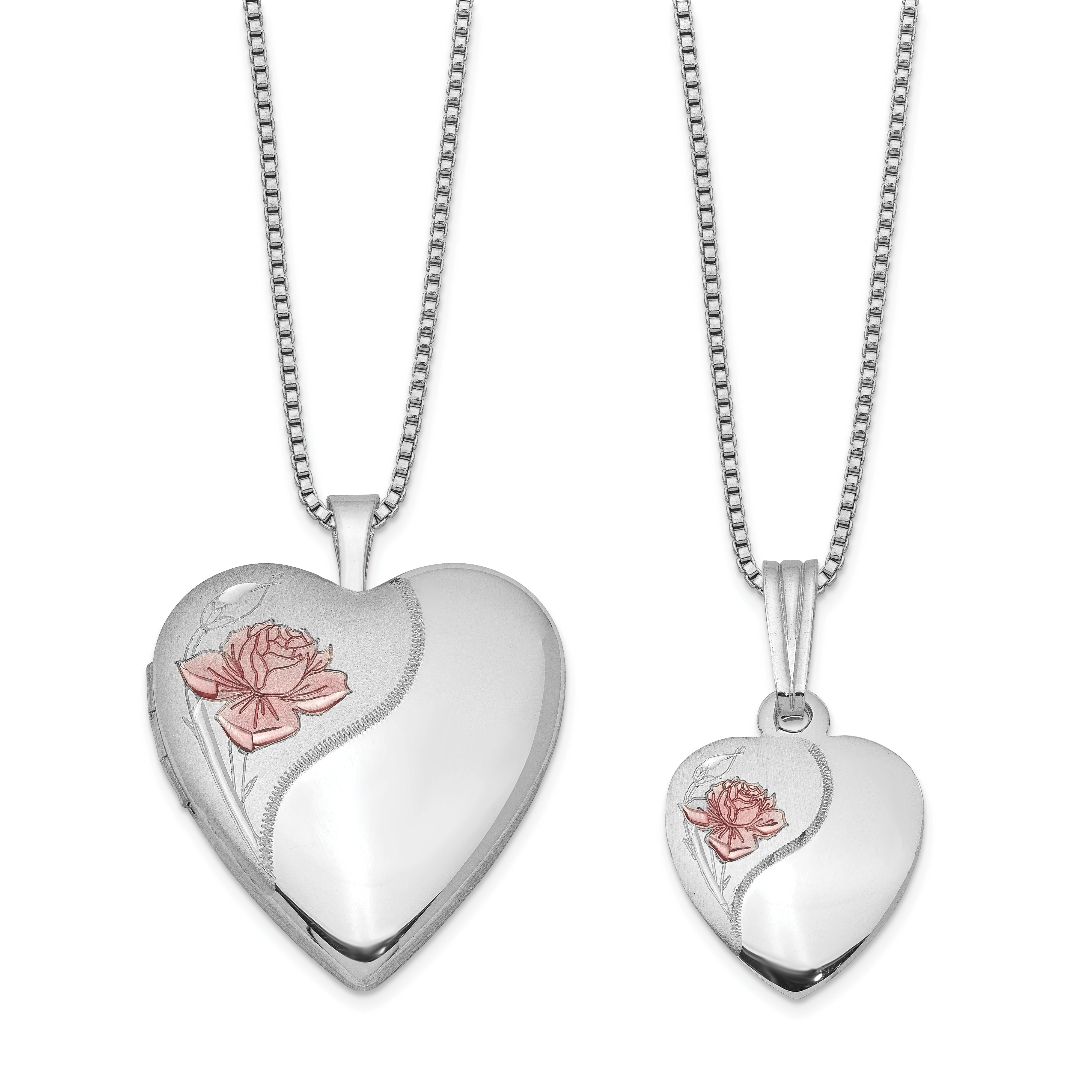 Sterling Silver Rhodium-plated Polished/Satin Enameled Rose Heart 18in Locket Necklace & 14in Pendant Necklace Set