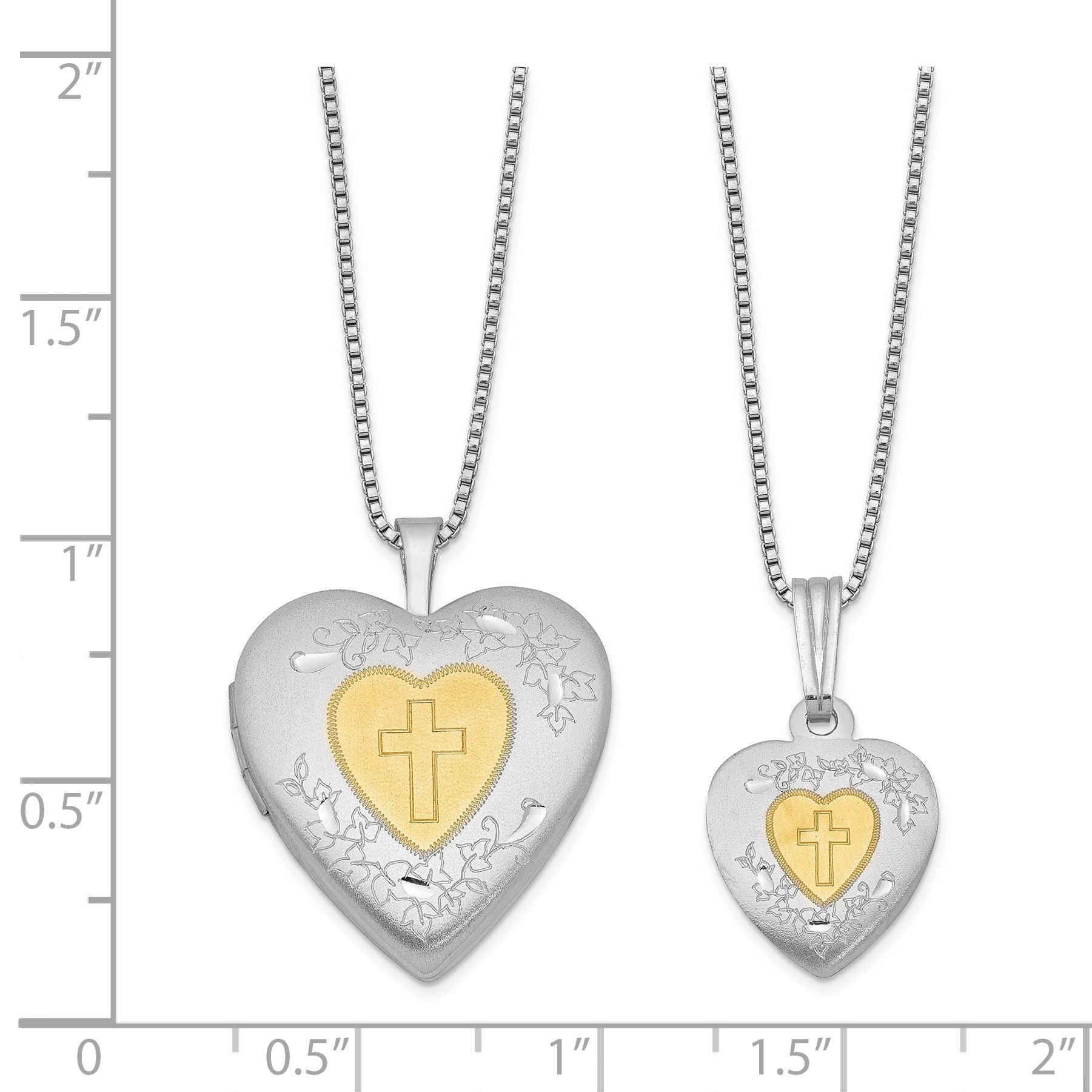 Sterling Silver Rhodium & Gold-plated Polished & Satin Diamond Mom Locket 18in Necklace/ Daughter Pendant 14in Cross Heart Necklace Set