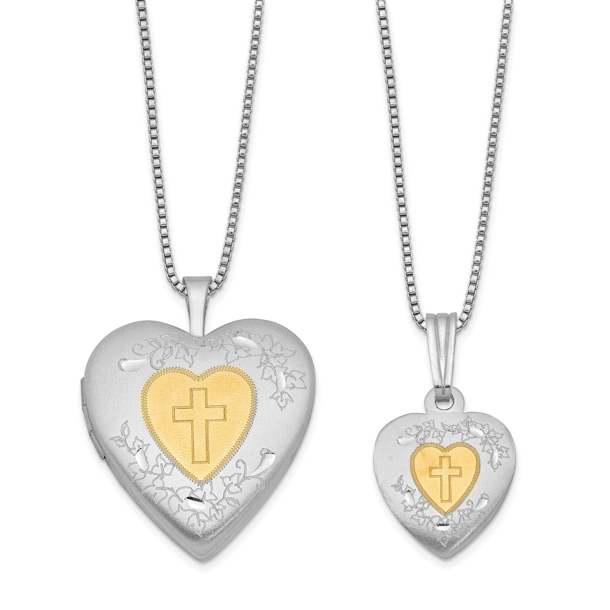 Sterling Silver Rhodium & Gold-plated Polished & Satin Diamond Mom Locket 18in Necklace/ Daughter Pendant 14in Cross Heart Necklace Set