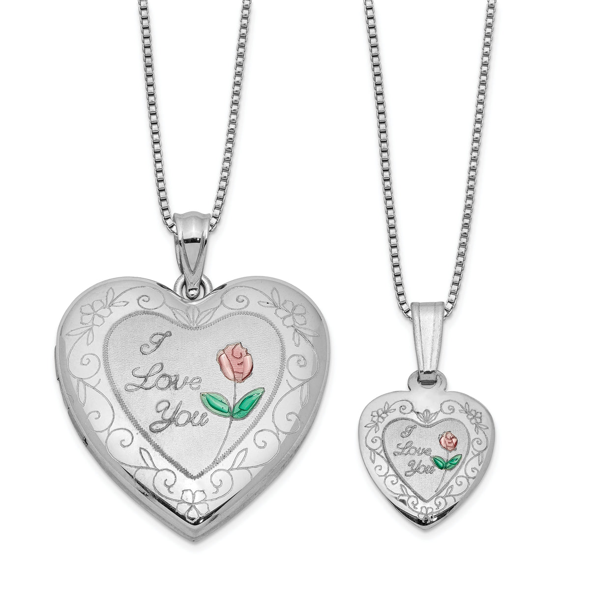 Sterling Silver Rhodium-plated Enameled Polished/Satin Rose I Love You Heart Mom 18in Locket & Daughter 14in Pendant Necklace Set