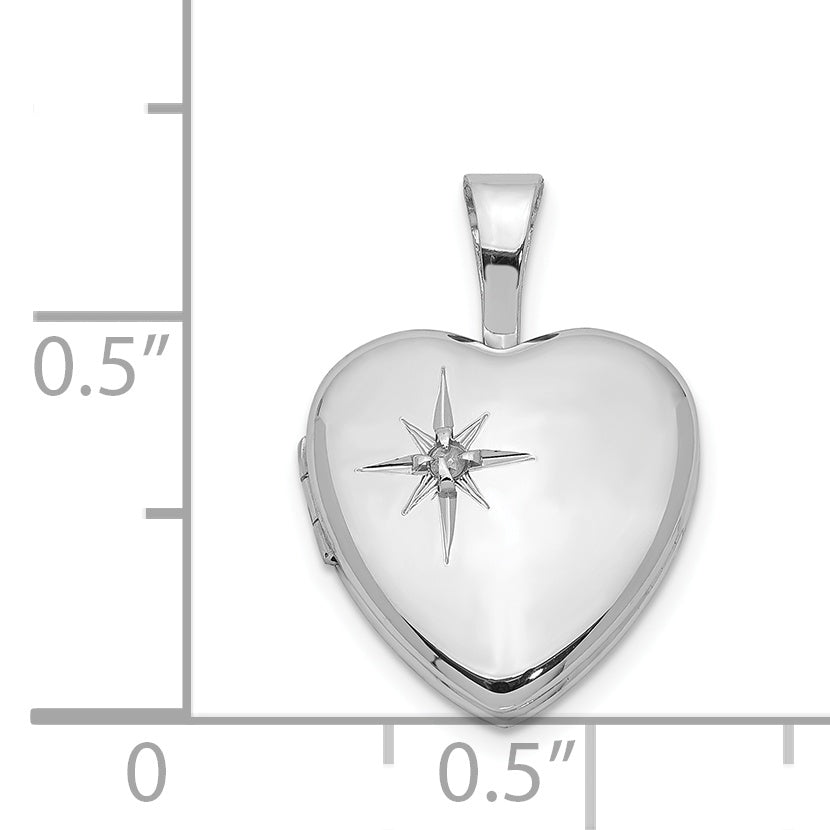 Sterling Silver Rhodium-plated Polished Diamond Star 12mm Heart Locket