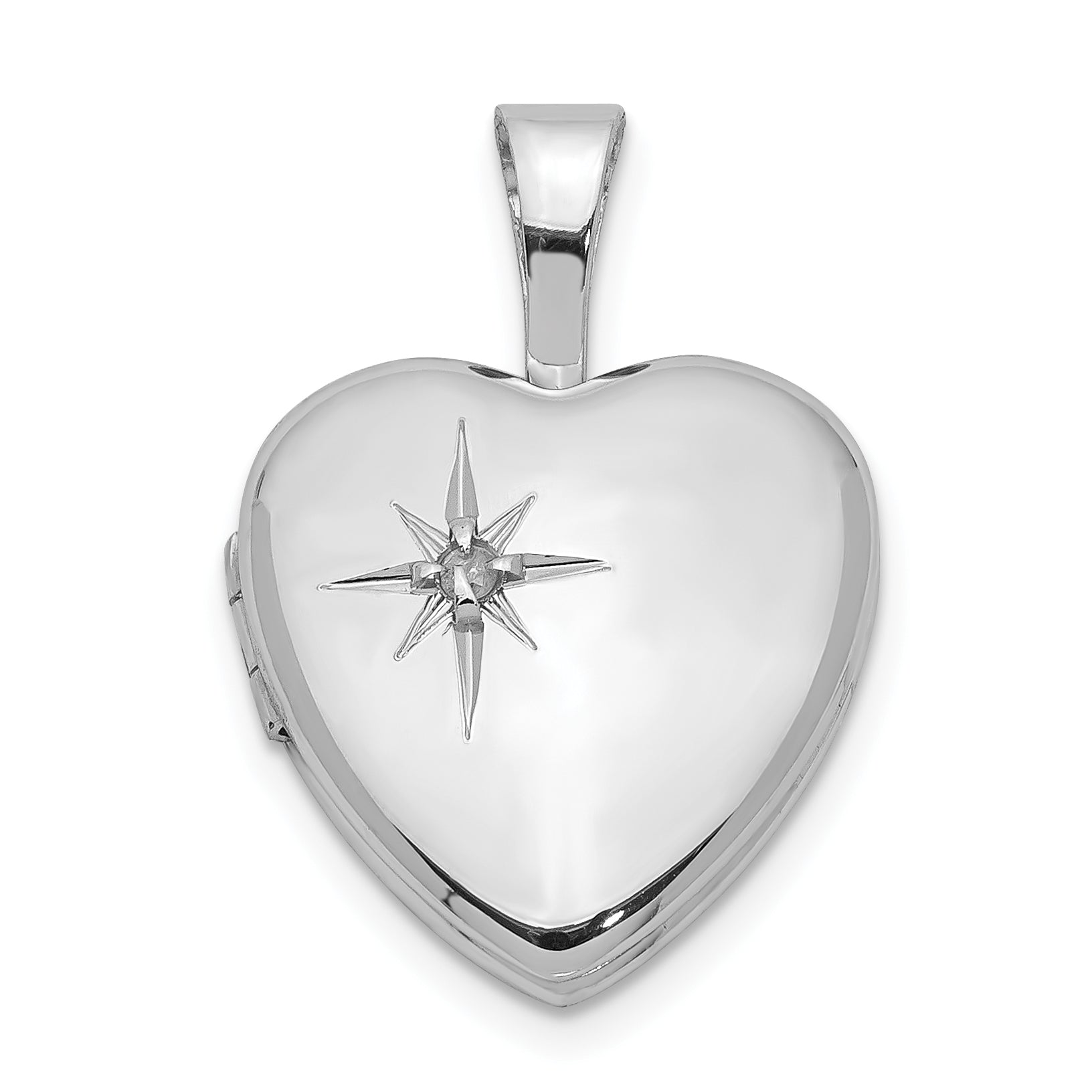 Sterling Silver Rhodium-plated Polished Diamond Star 12mm Heart Locket