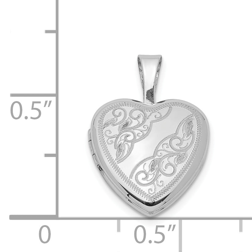 Sterling Silver Rhodium-plated Side Swirls 12mm Heart Locket