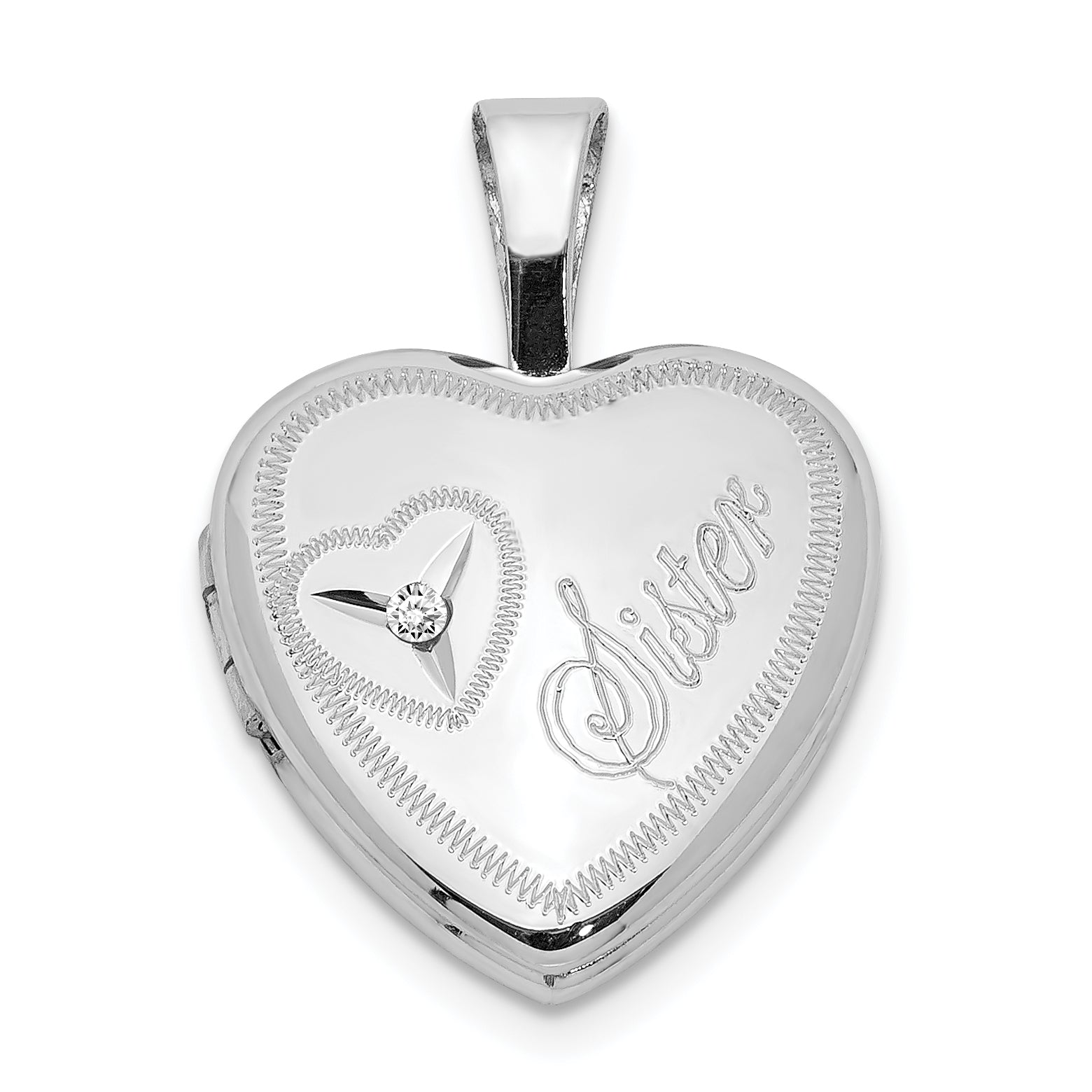 Sterling Silver Rhodium-plated & Diamond Sister Heart 12mm Heart Locket