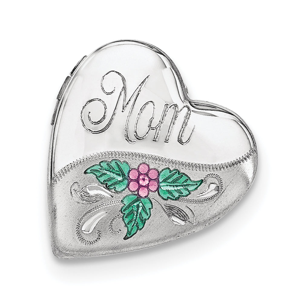 Sterling Silver Rhodium-plated Mom W/Enamel Flower 20mm Falling Heart Locke