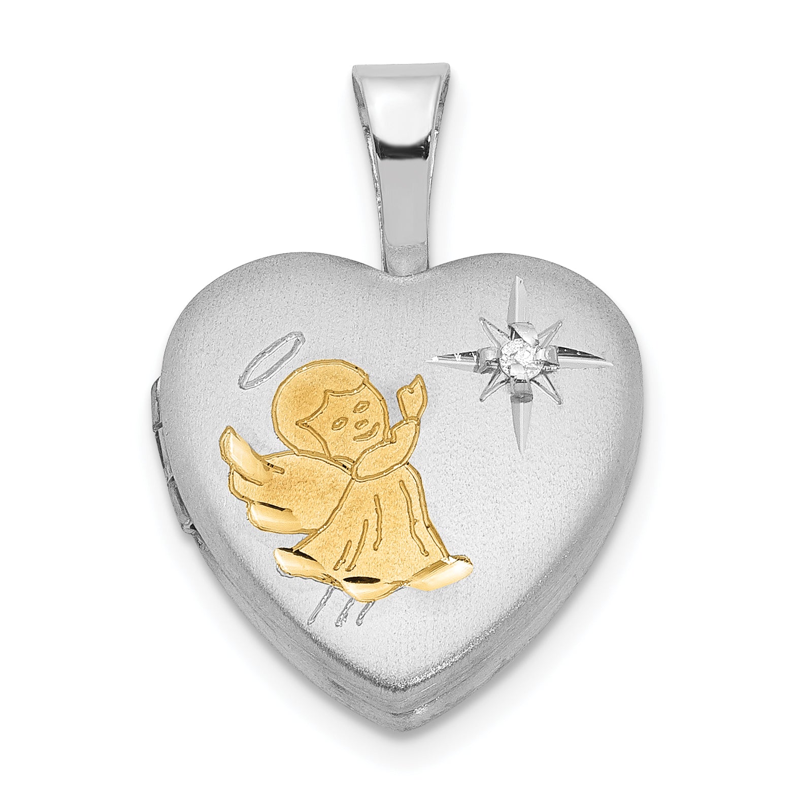 Sterling Silver Rhodium & Gold-plated & Diamond Angel 12mm Heart Locket