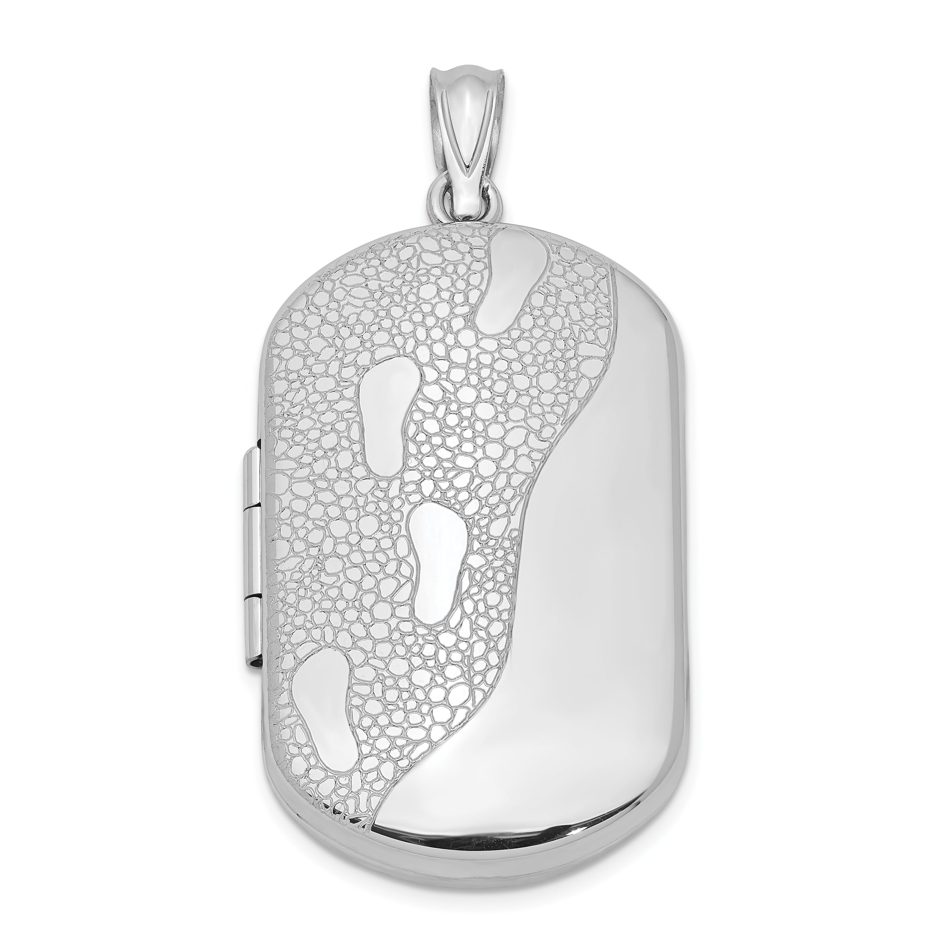 Sterling Silver Rhodium-plated 30mm Footprints Rectangular Locket