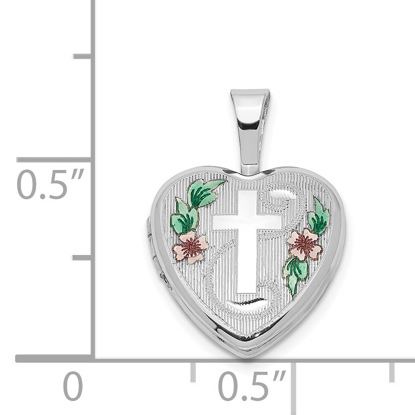 Sterling Silver Rhodium-plated Cross With  Enamel Flowers 12mm Heart Locket