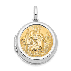 Sterling Silver Rhodium & Gold-plated Round St. Christopher Locket