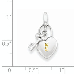 Sterling Silver Rhod & Gold-plated 10mm Heart Lock & Key Hinge Locket Charm