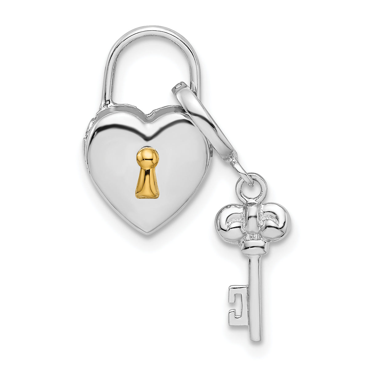 Sterling Silver Rhod & Gold-plated 10mm Heart Lock & Key Hinge Locket Charm