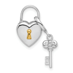 Sterling Silver Rhod & Gold-plated 10mm Heart Lock & Key Hinge Locket Charm