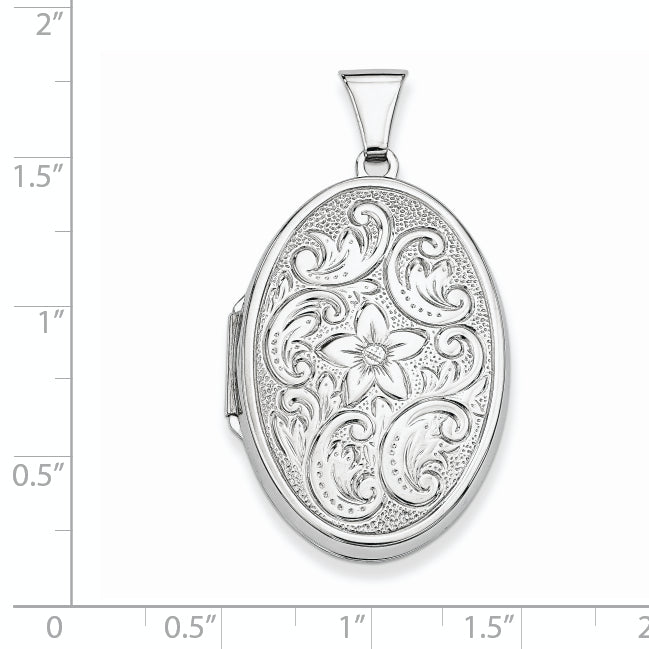 Sterling Silver Rhodium-plated Reversible Floral Swirl Oval Locket