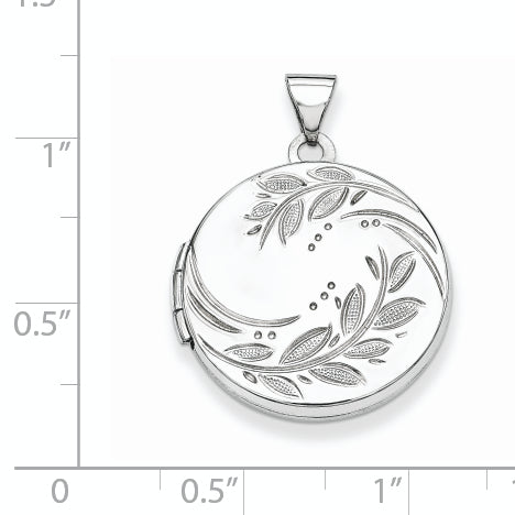 Sterling Silver Rhodium-plated 20mm Round Leaf Floral Locket