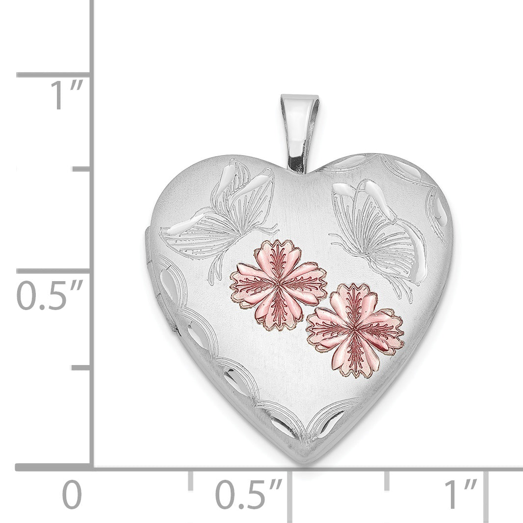 Sterling Silver Rhodium-plated Enameled Flowers Butterfly Heart Locket