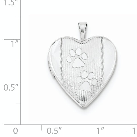 Sterling Silver Rhodium-plated Textured & Polished Paw Prints Heart Locket