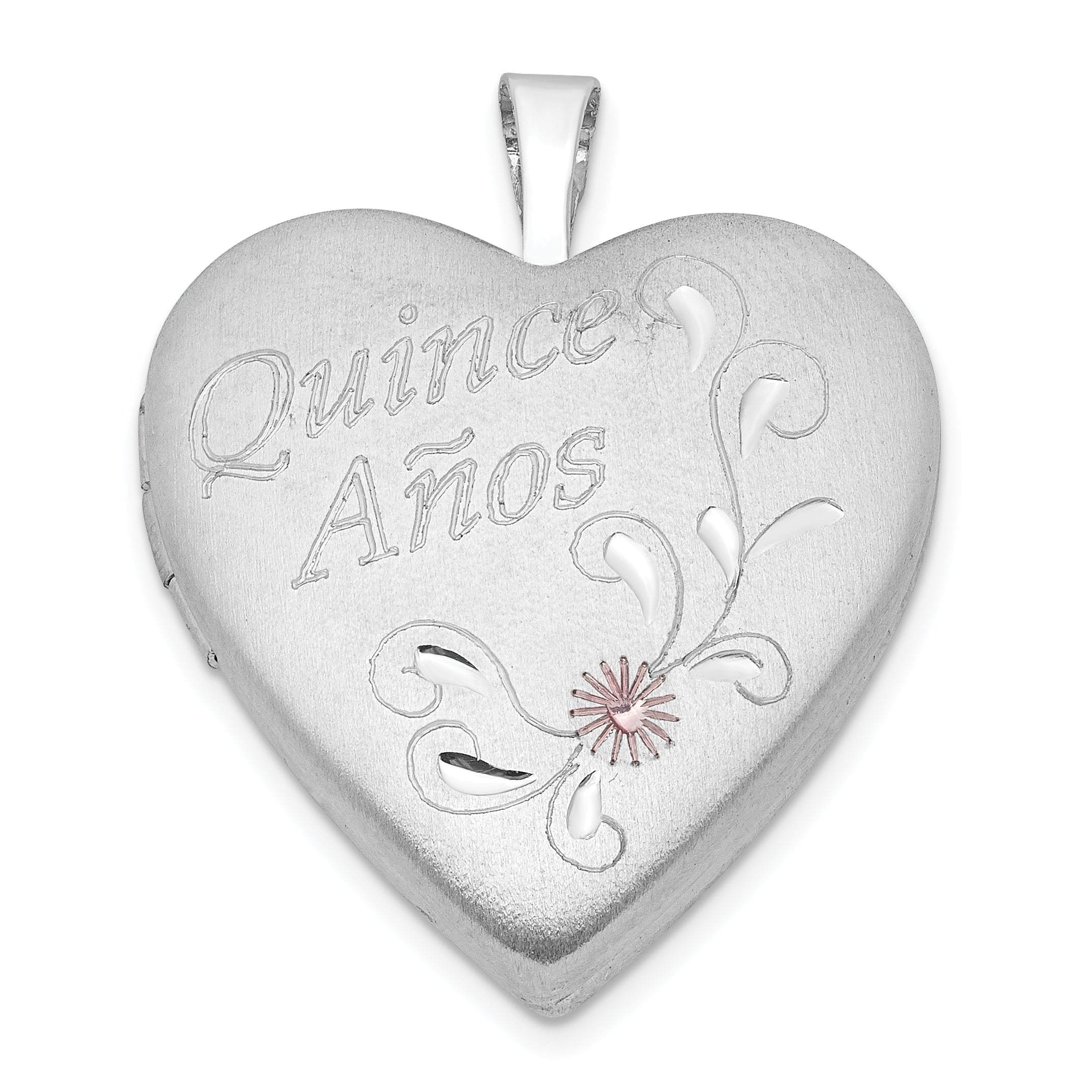 Sterling Silver Satin & Diamond-cut Enameled Quince Anos Heart Locket