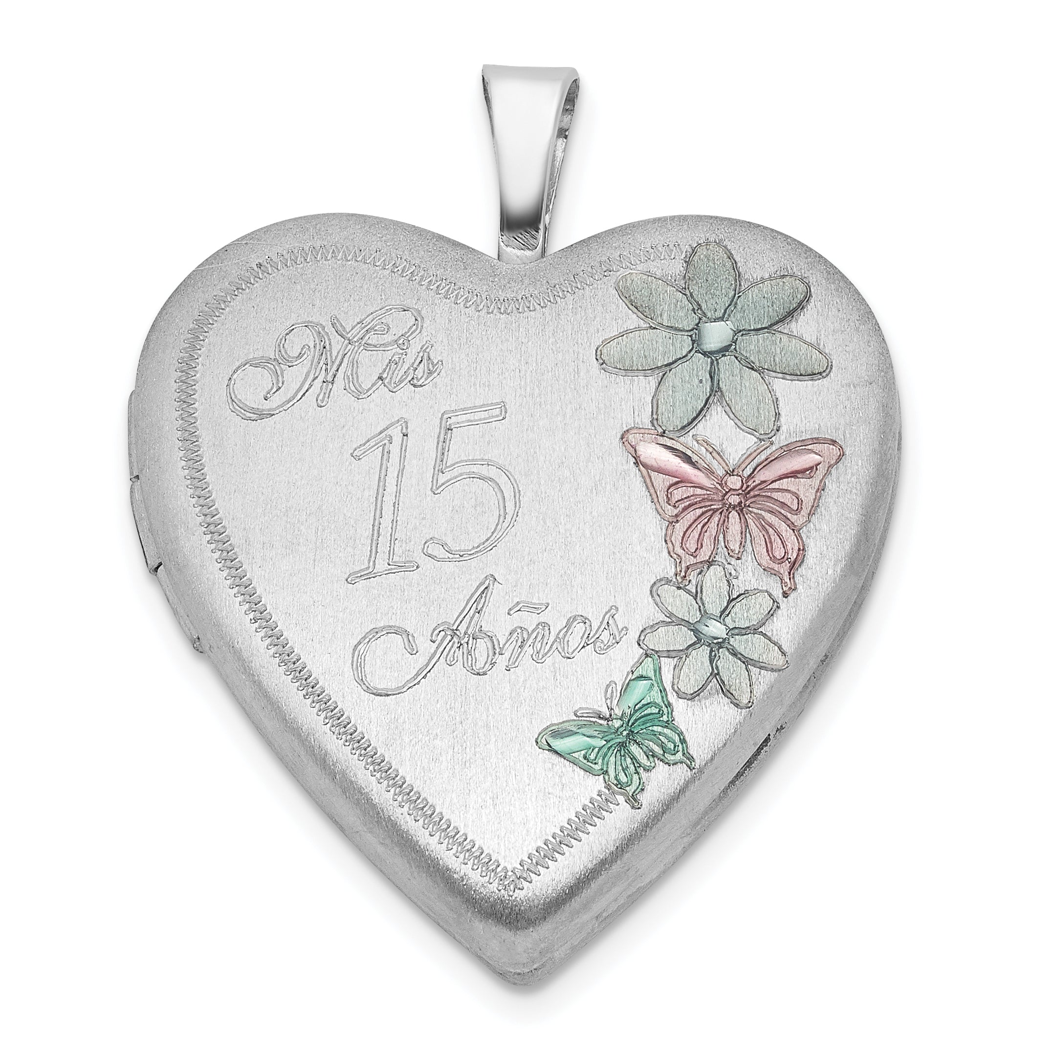 Sterling Silver Satin Enameled Mis 15 Anos Butterfly Heart Locket