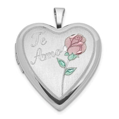 Sterling Silver Polished & Satin 20mm Enameled Rose Te Amo Heart Locket