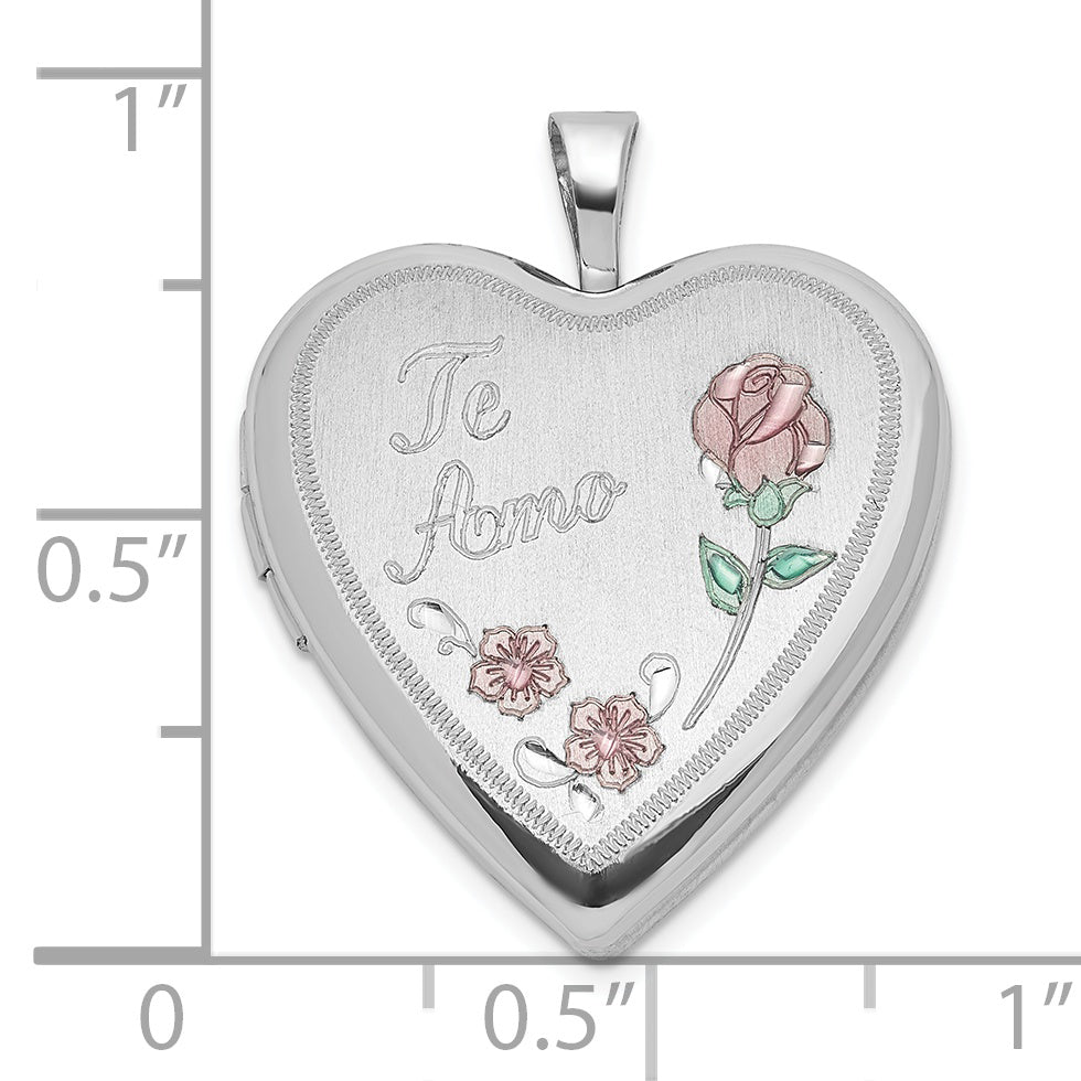 Sterling Silver 20mm Enameled Roses Te Amo Heart Locket