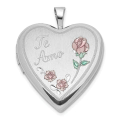 Sterling Silver Polished/Satin 20mm Enameled Roses Te Amo Heart Locket